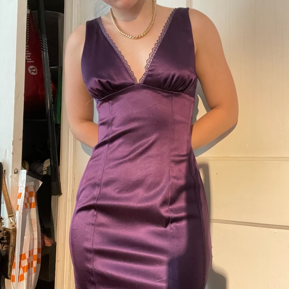 purple satin midi dress